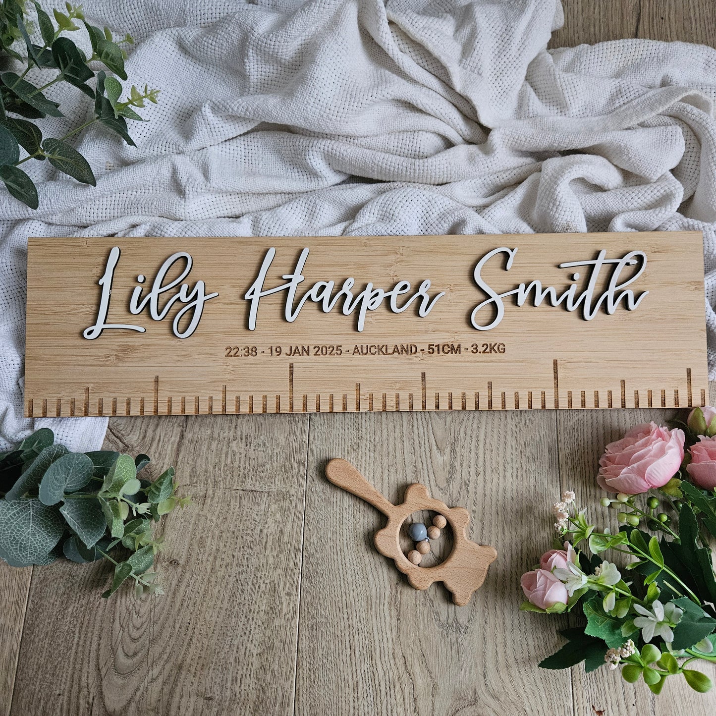 Personalised Bamboo Birth Ruler Rasied Name