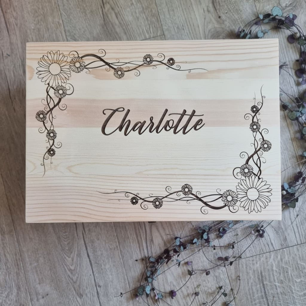 Daisy Border Engraved Pine Box - Keepsake Box