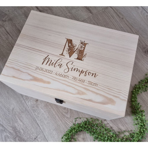 Floral Monogram with birth details Engraved Pine Box - Keepsake Box