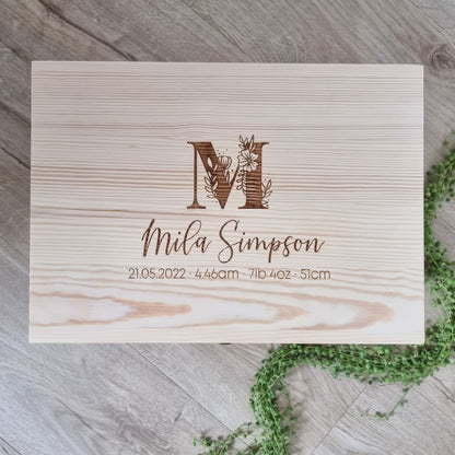 Floral Monogram with birth details Engraved Pine Box - Keepsake Box