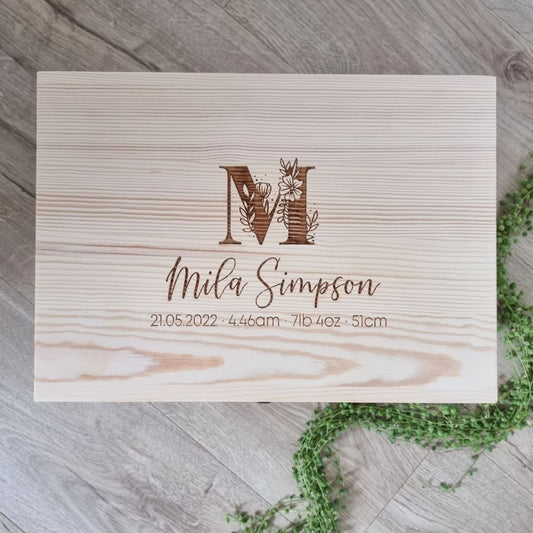Floral Monogram with birth details Engraved Pine Box - Keepsake Box