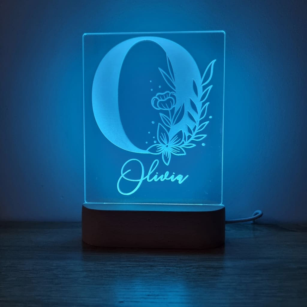 Night Light Floral Letter Personalised Name - Wooden Base - Multi-Coloured - Night Light