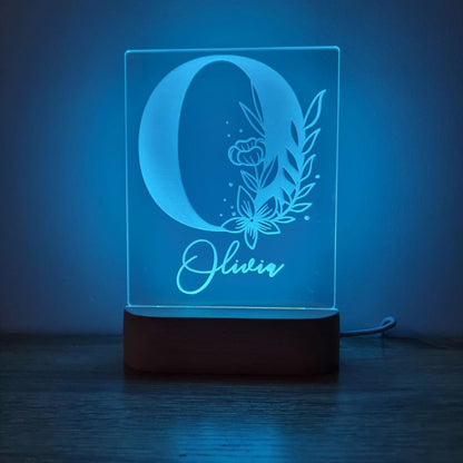 Night Light Floral Letter Personalised Name - Wooden Base - Multi-Coloured - Night Light