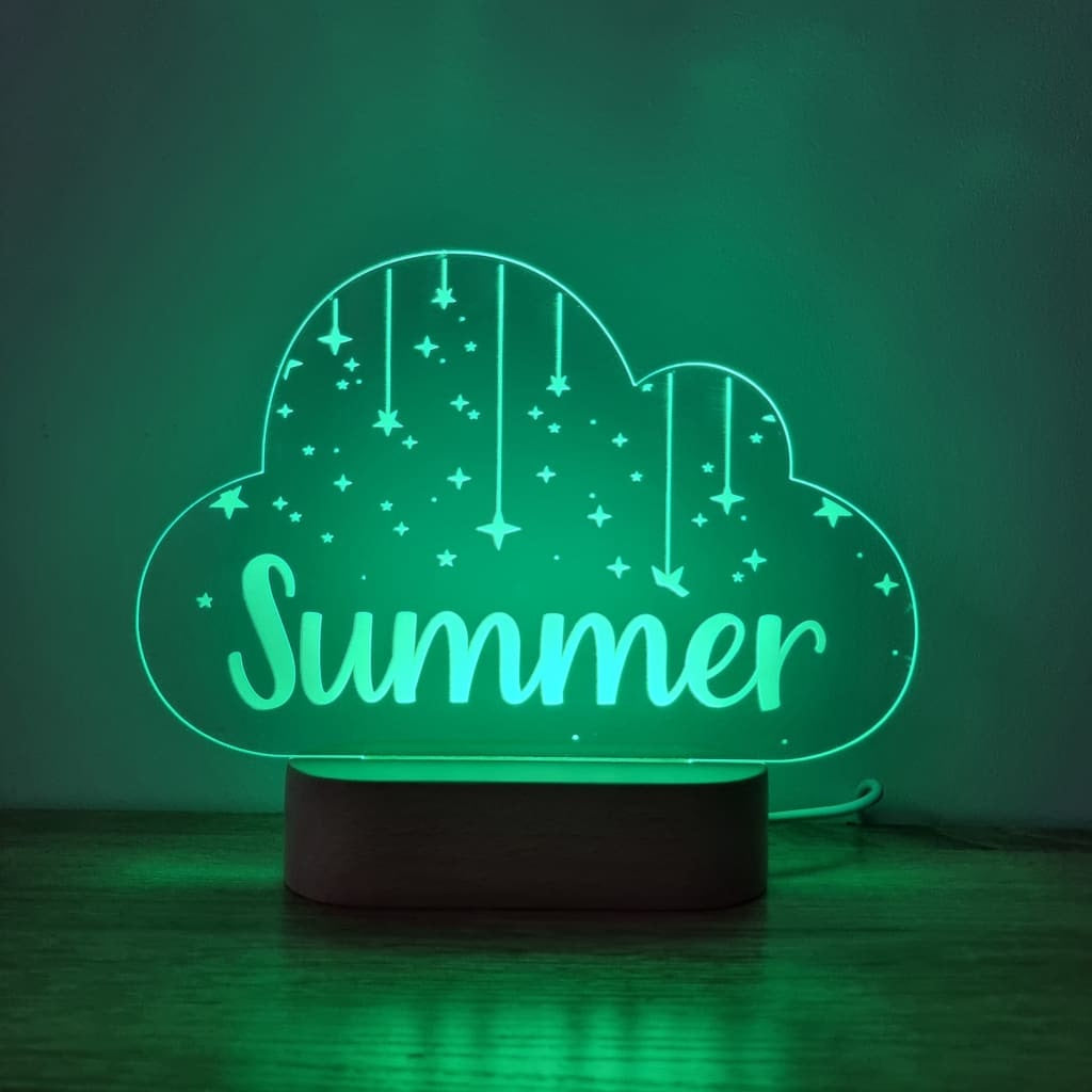 Night Light Stars On Strings Personalised Cloud Shape - Wooden Base - Multi-Coloured - Night Light