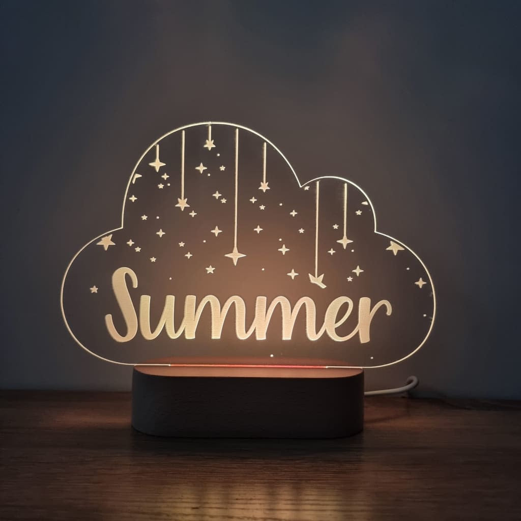 Night Light Stars On Strings Personalised Cloud Shape - Wooden Base - Warm White - Night Light