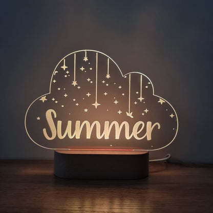 Night Light Stars On Strings Personalised Cloud Shape - Wooden Base - Warm White - Night Light