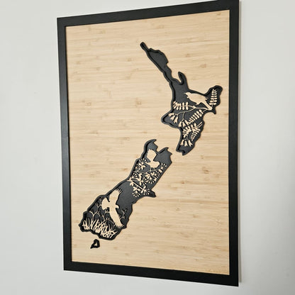 NZ Native Bird Map 3 Layer Bamboo - Geometric Animals