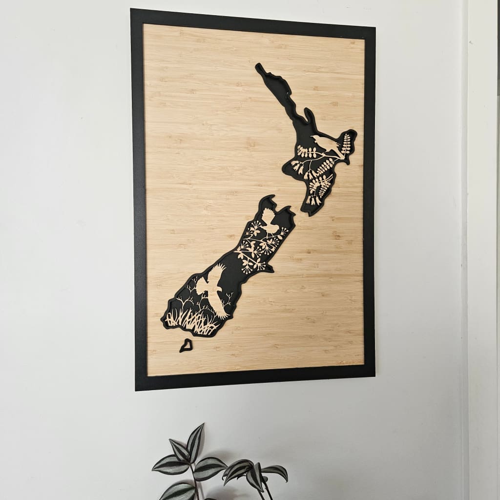 NZ Native Bird Map 3 Layer Bamboo - Geometric Animals