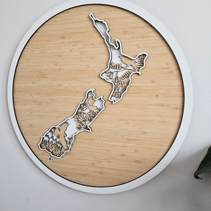 NZ Native Bird Map 3 Layer Bamboo circle - Geometric Animals