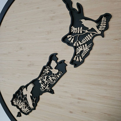 NZ Native Bird Map 3 Layer Bamboo circle - Geometric Animals