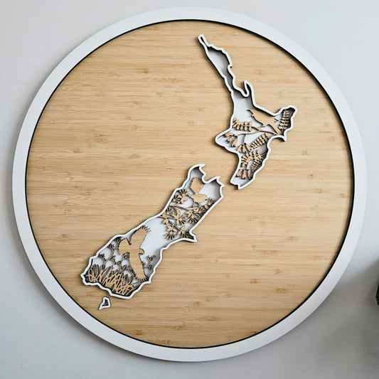 NZ Native Bird Map 3 Layer Bamboo circle - Geometric Animals