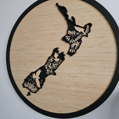NZ Native Bird Map 3 Layer Bamboo circle - Geometric Animals