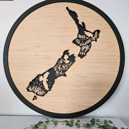 NZ Native Bird Map 3 Layer Bamboo circle - Geometric Animals