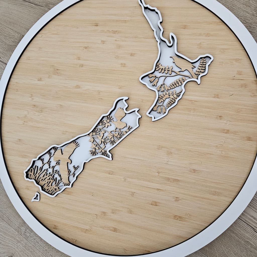 NZ Native Bird Map 3 Layer Bamboo circle - Geometric Animals