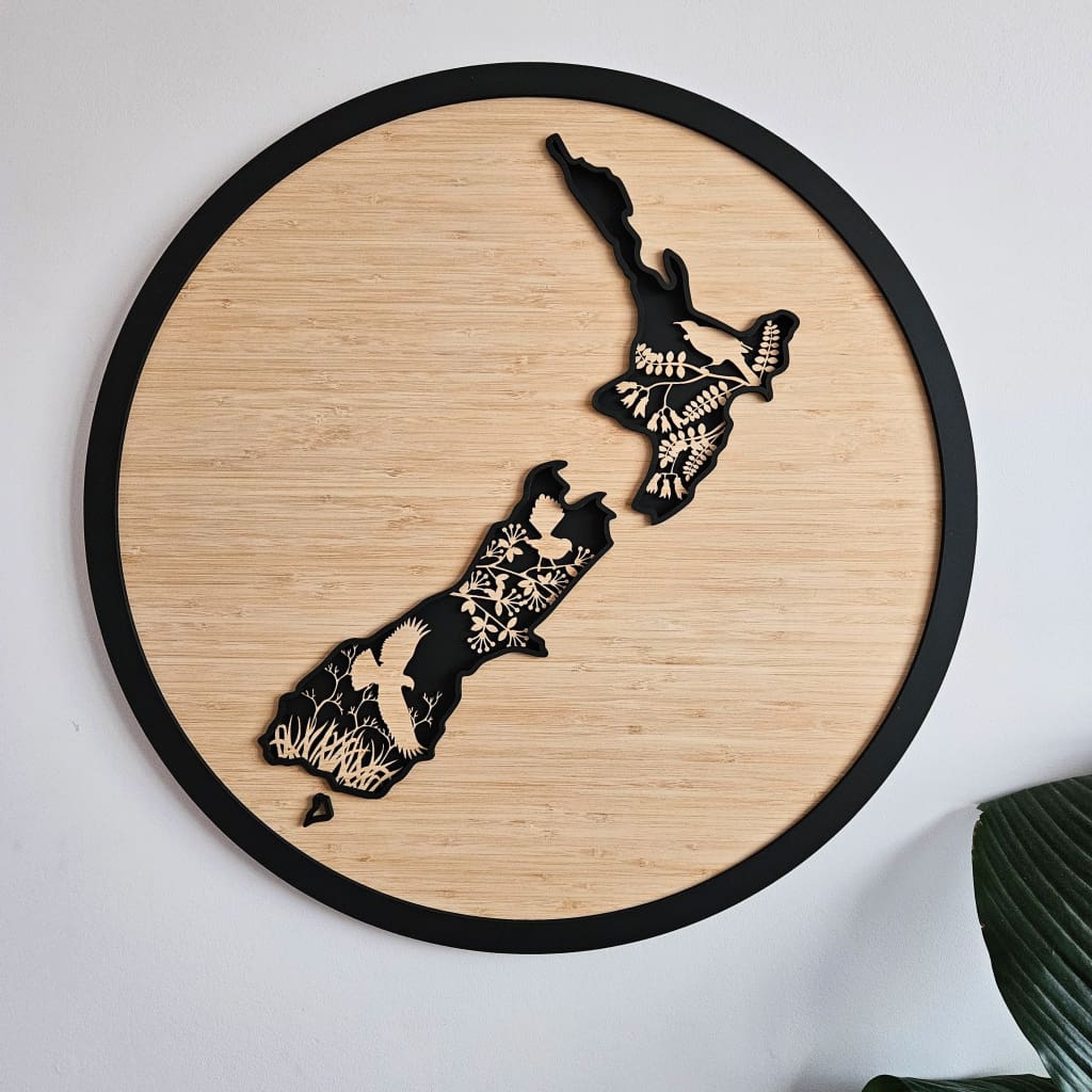 NZ Native Bird Map 3 Layer Bamboo circle - Geometric Animals