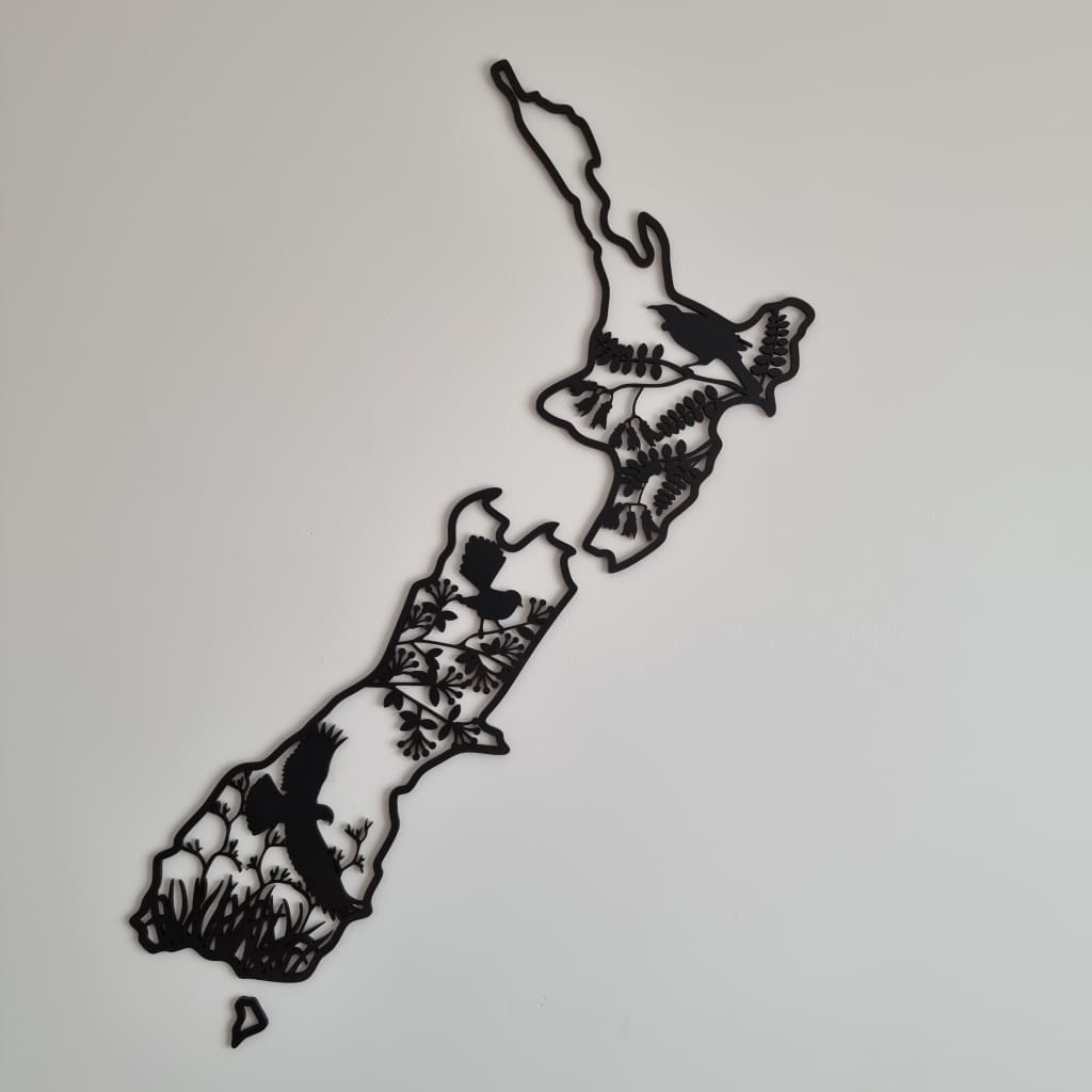 NZ Native Birds Map - Painted Black - Geometric Animals