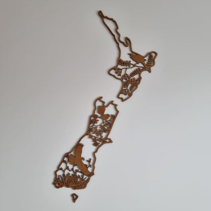 NZ Native Birds Map - Walnut Stained - Geometric Animals