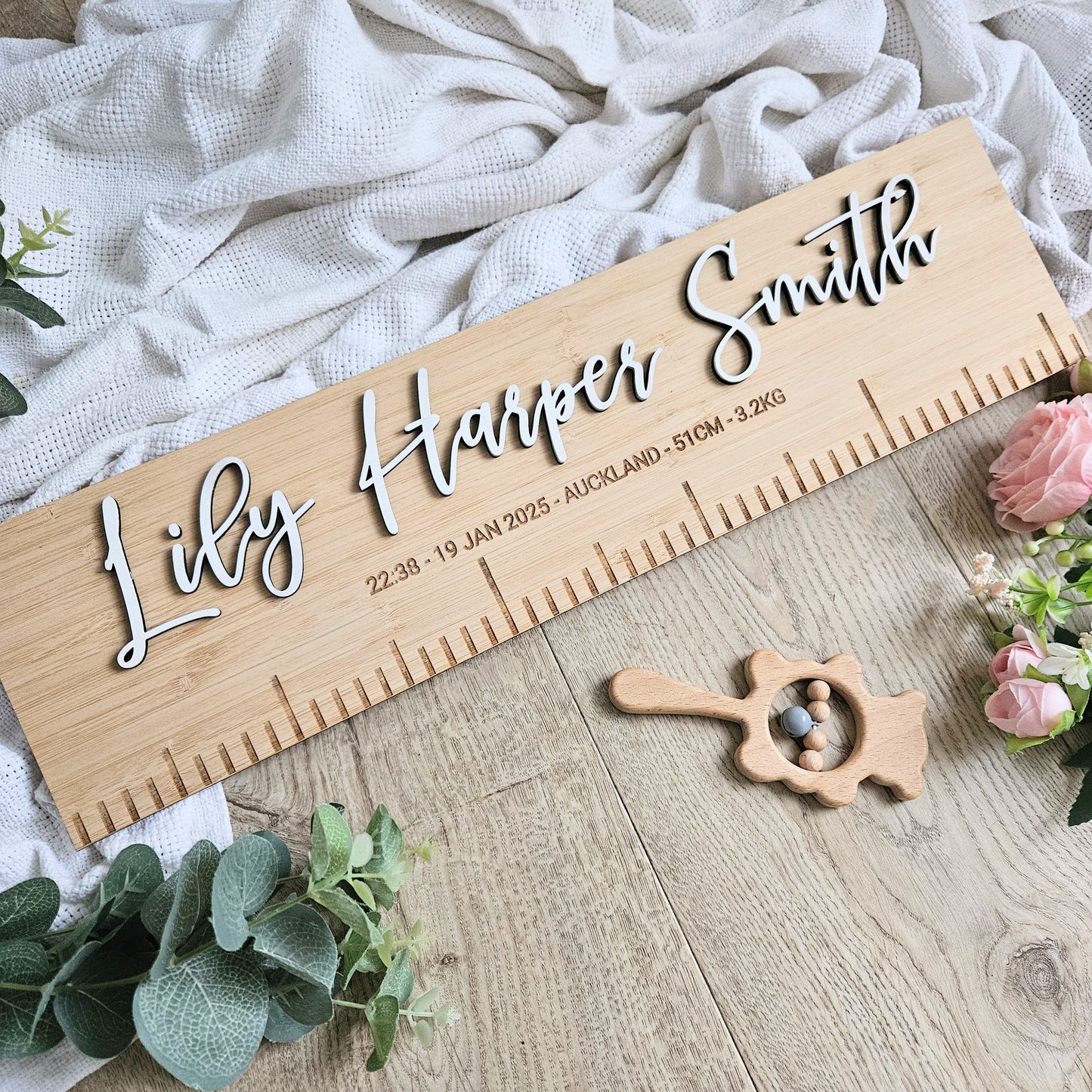 Personalised Bamboo Birth Ruler Rasied Name