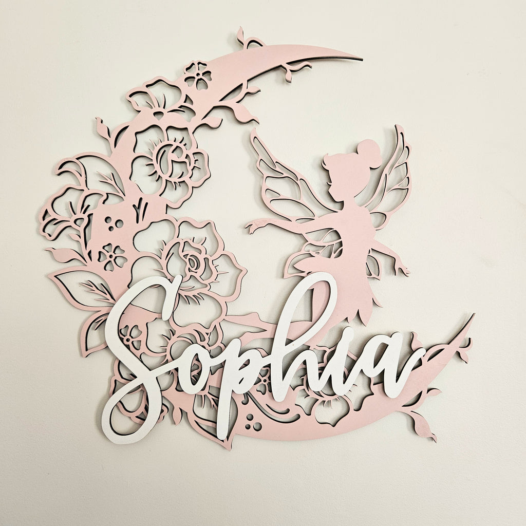 Fairy On Floral Moon with raised name