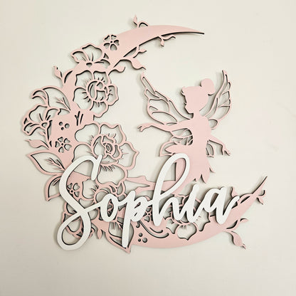 Fairy On Floral Moon with raised name
