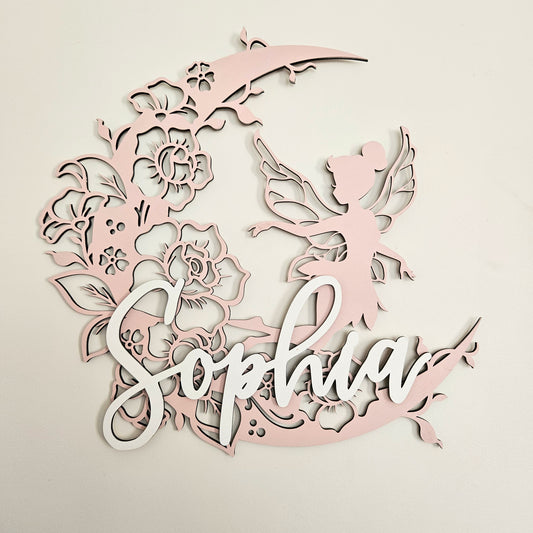 Fairy On Floral Moon with raised name