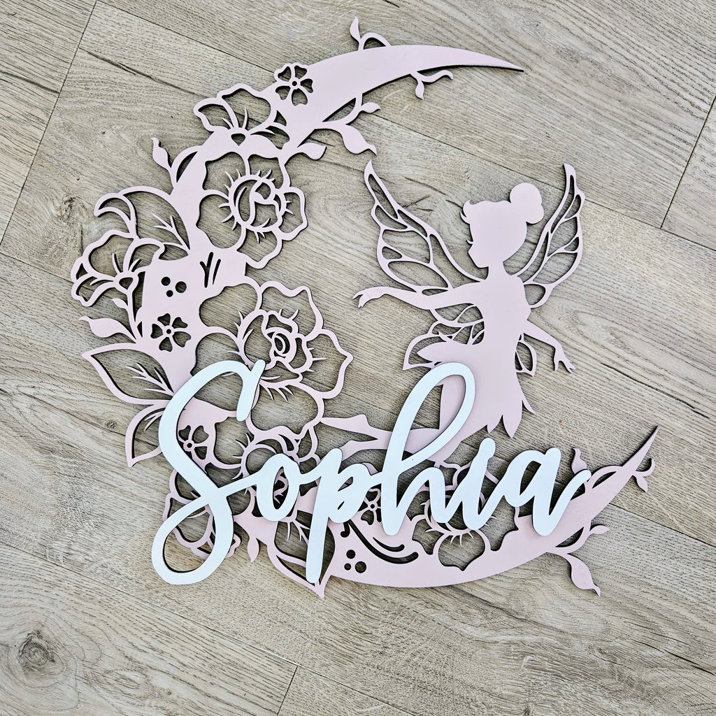 Fairy On Floral Moon with raised name