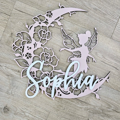Fairy On Floral Moon with raised name