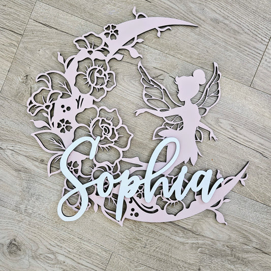 Fairy On Floral Moon with raised name
