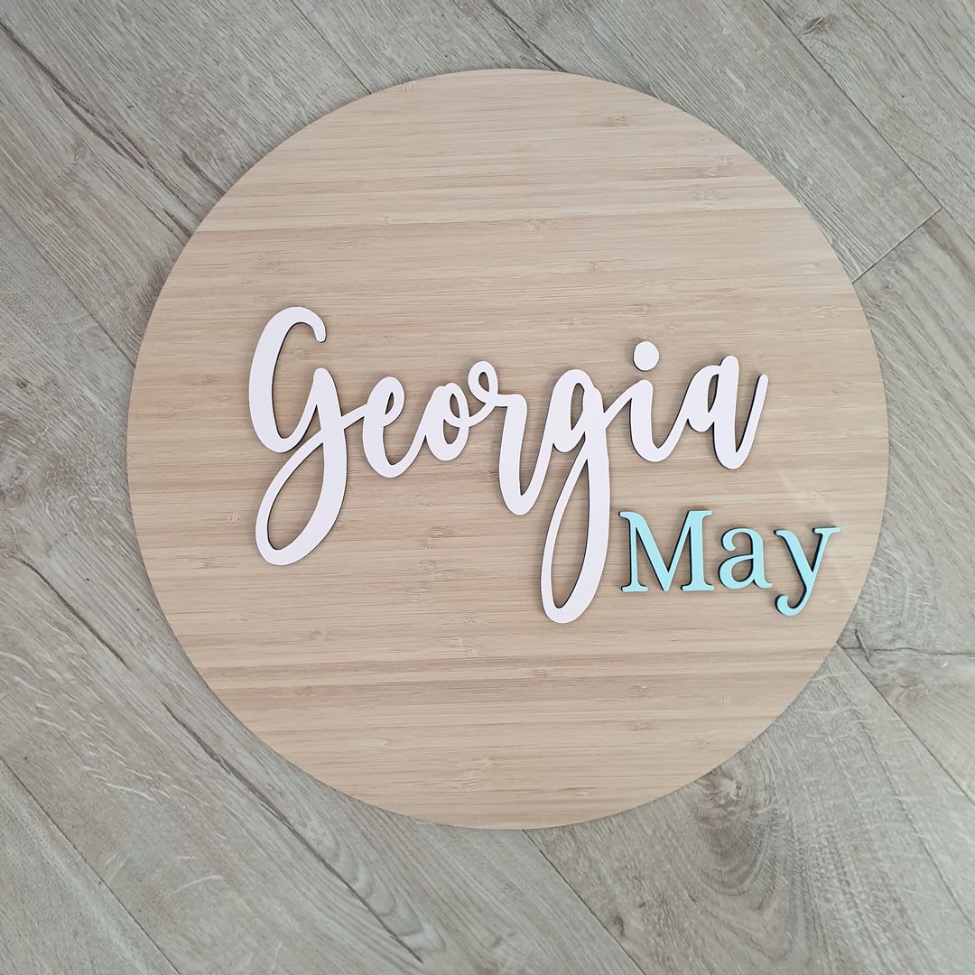 Two Names On Bamboo Circle - Laser Cut Name Plaque