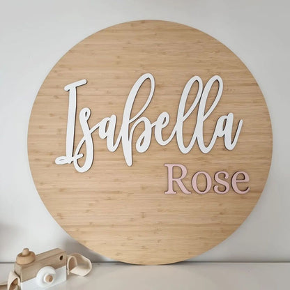 Two Names On Bamboo Circle - Laser Cut Name Plaque