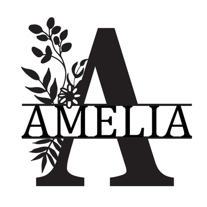 Monogram Letter With Name Floral Wreath Nude (Unpainted) - Laser Cut Name Plaque