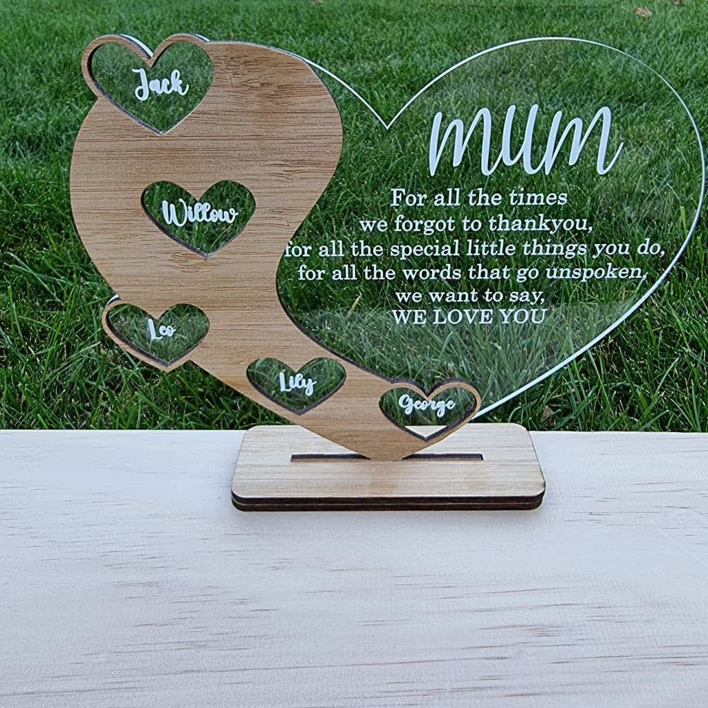 Mothers Day Heart Stand Personalised - Laser Cut Name Plaque