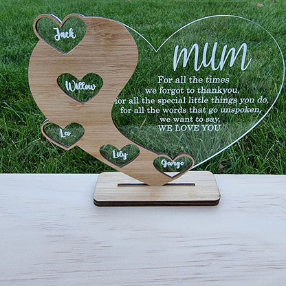 Mothers Day Heart Stand Personalised - Laser Cut Name Plaque