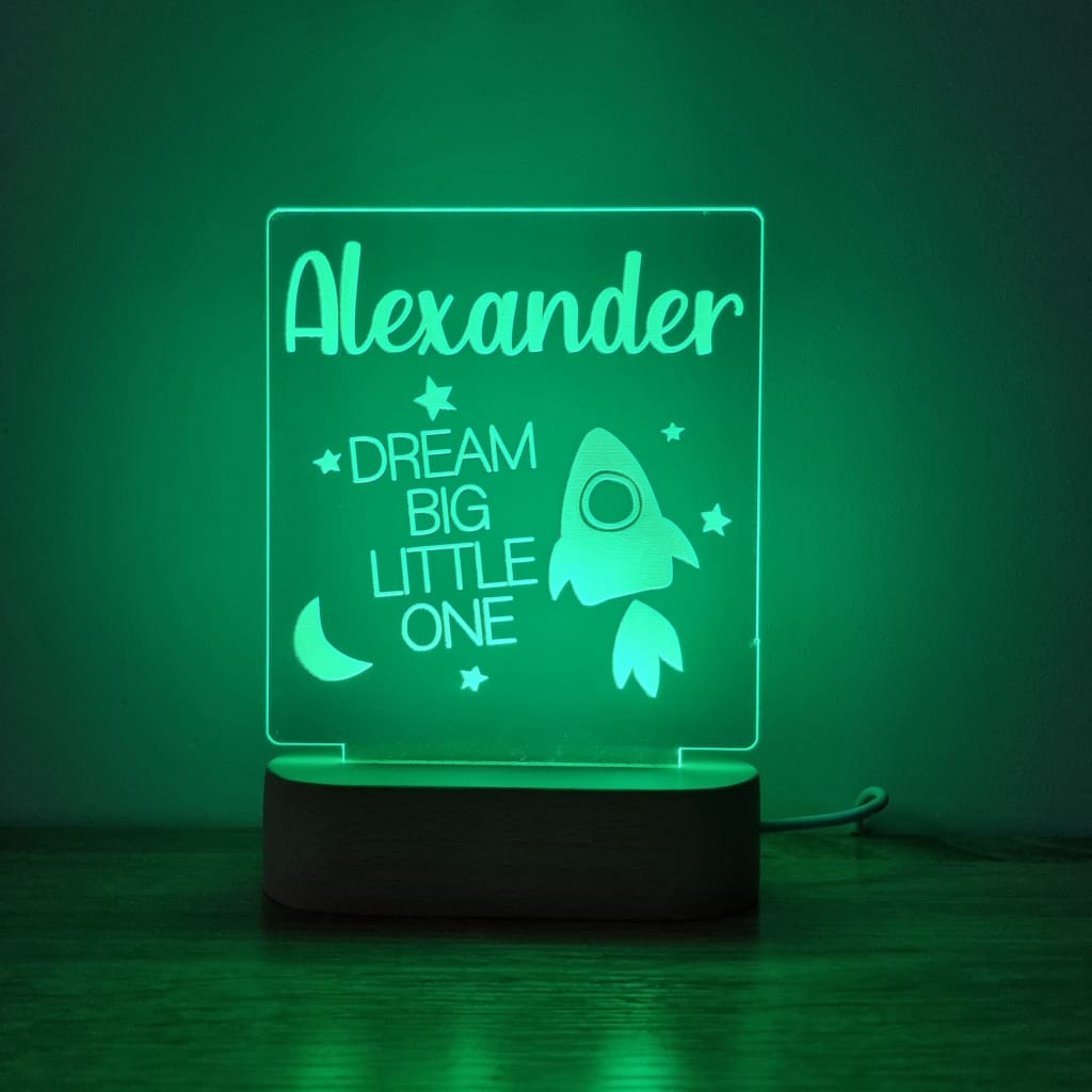Night Light Dream Big Little One Personalised Name - Wooden Base - Multi-Coloured - Night Light