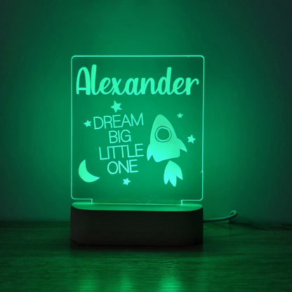 Night Light Dream Big Little One Personalised Name - Wooden Base - Multi-Coloured - Night Light