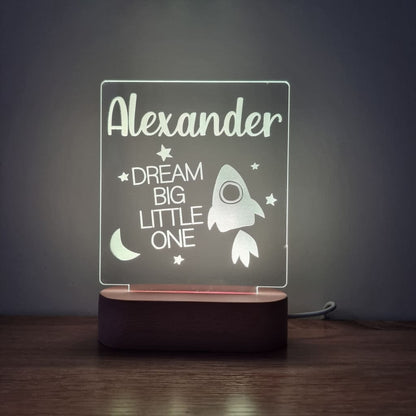 Night Light Dream Big Little One Personalised Name - Wooden Base - Warm White - Night Light