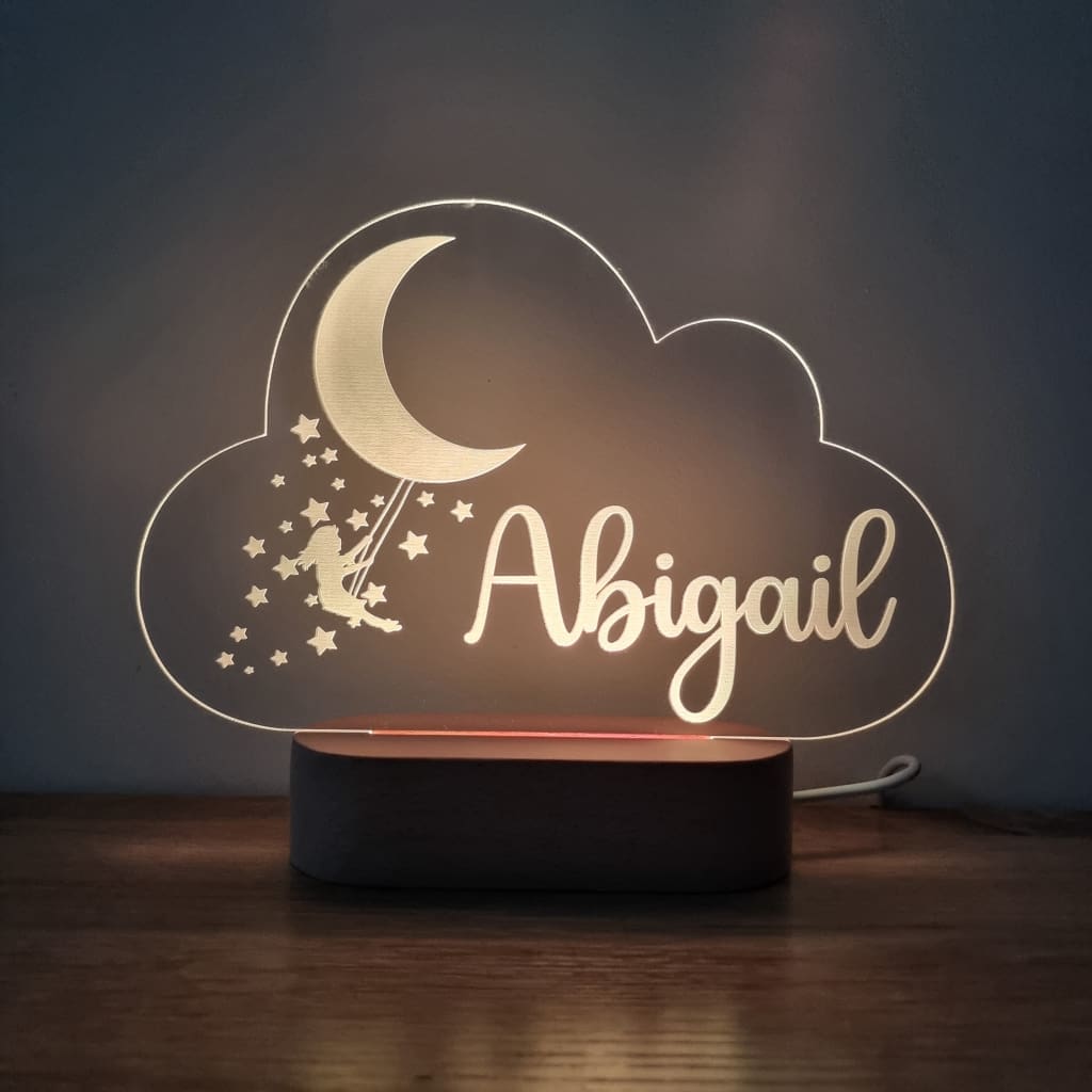 Night Light Girl Moon Swing Personalised Cloud Shape - Wooden Base - Warm White - Night Light