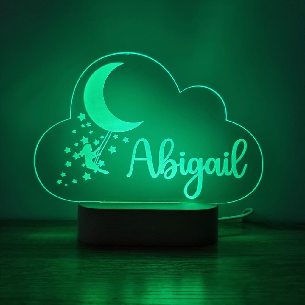 Night Light Girl Moon Swing Personalised Cloud Shape - Wooden Base - Multi-Coloured - Night Light