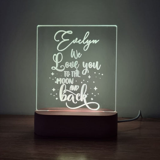 Night Light Moon and Back Personalised Name - Wooden Base - Warm White - Night Light