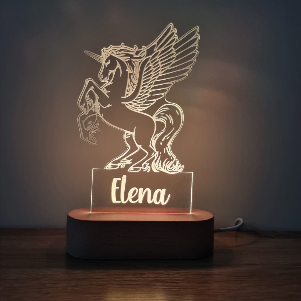 Night Light Pegasus Personalised Name - Wooden Base - Warm White - Night Light
