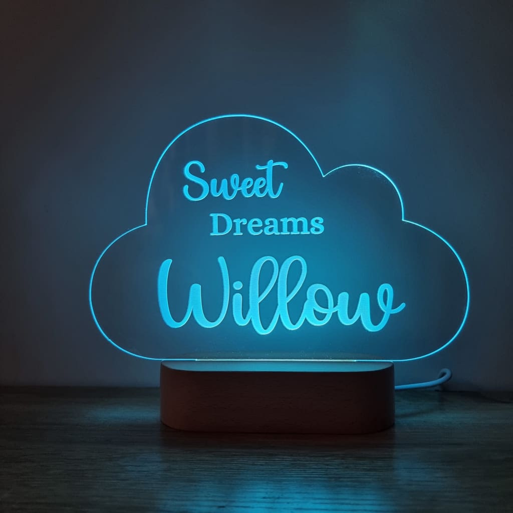 Night Light Sweet Dreams Personalised Cloud Shape - Wooden Base - Multi-Coloured - Night Light