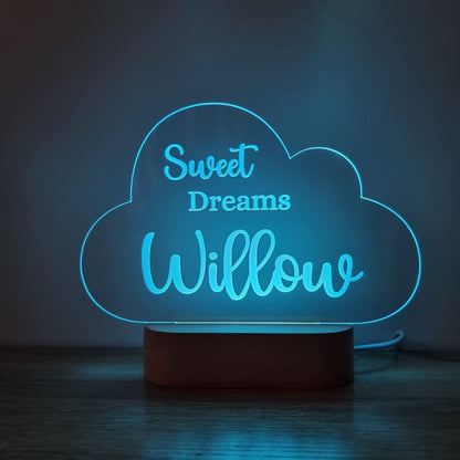 Night Light Sweet Dreams Personalised Cloud Shape - Wooden Base - Multi-Coloured - Night Light