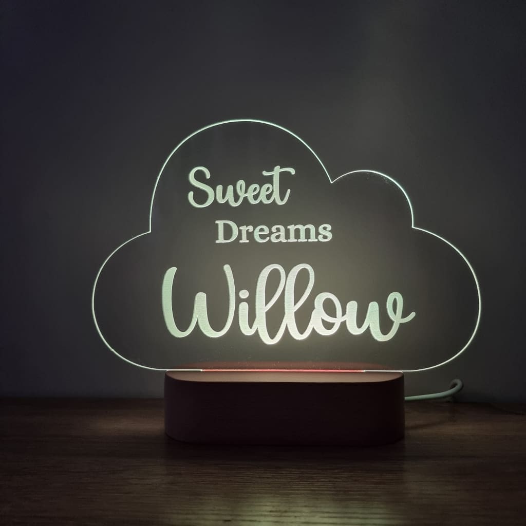 Night Light Sweet Dreams Personalised Cloud Shape - Wooden Base - Warm White - Night Light