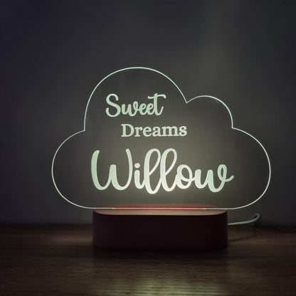 Night Light Sweet Dreams Personalised Cloud Shape - Wooden Base - Warm White - Night Light