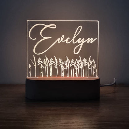Night Light Wild Flower Personalised Name - Wooden Base - Warm White - Night Light