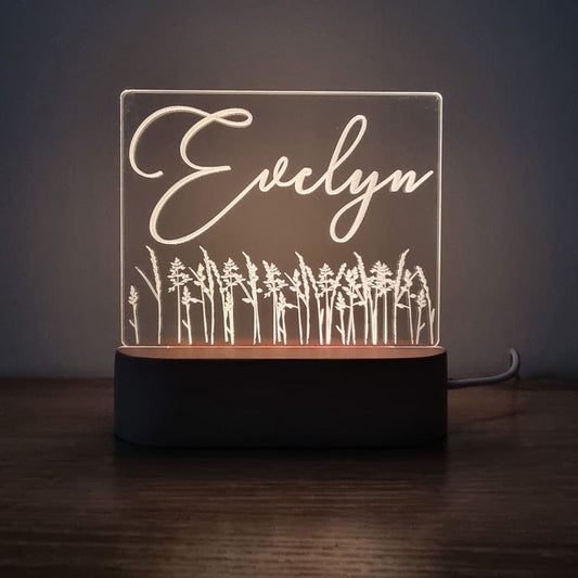 Night Light Wild Flower Personalised Name - Wooden Base - Warm White - Night Light