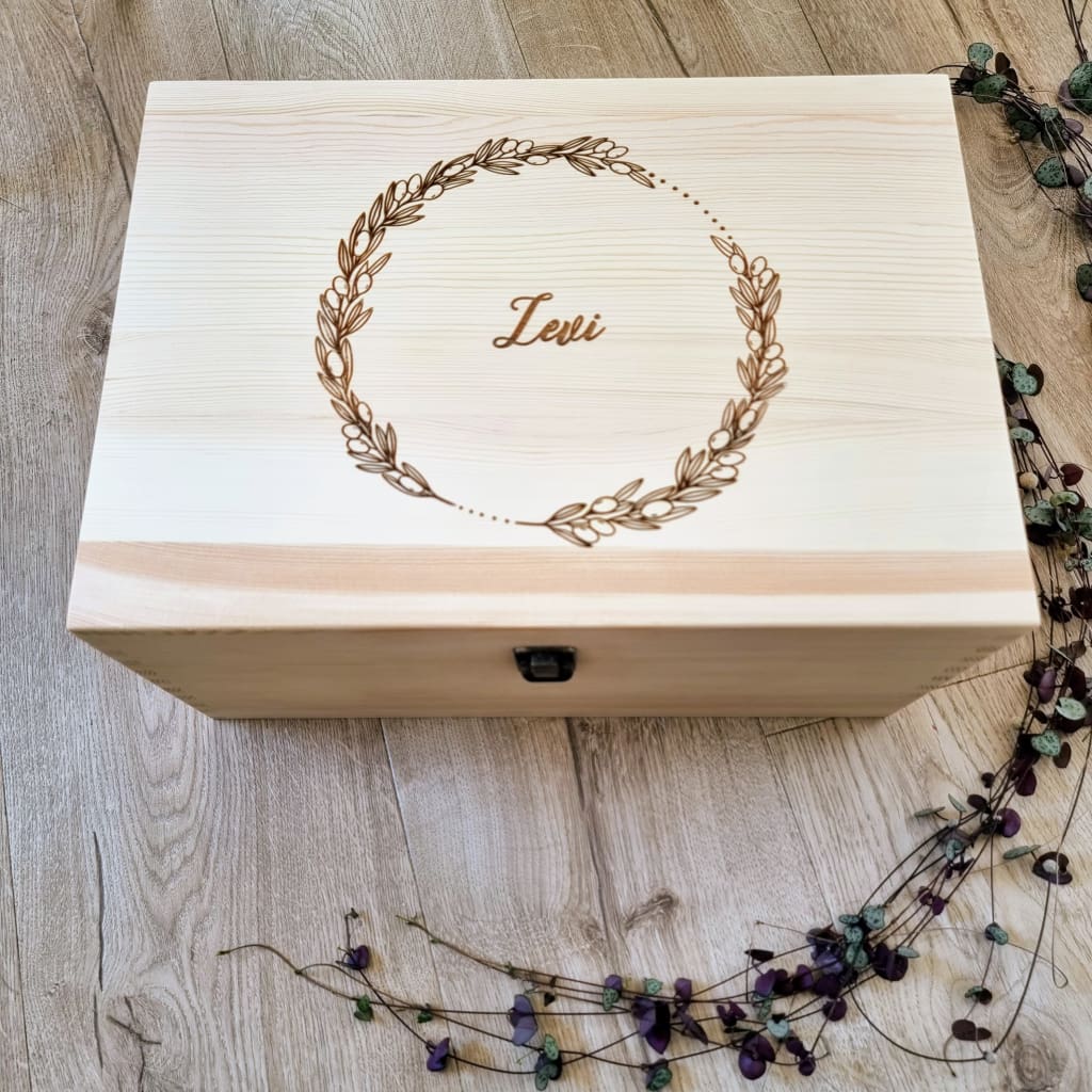 Olive Wreath Engraved Pine Box - Keepsake Box